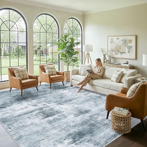12x12ft Square Living Room Rug – Non-Slip Washable Extra Large Floor Carpet for Bedroom, Dining Room, Playroom Room – Modern Abstract Neutral Thin Low-Pile Big Indoor Rug (Misty Blue Gray) - Image 5