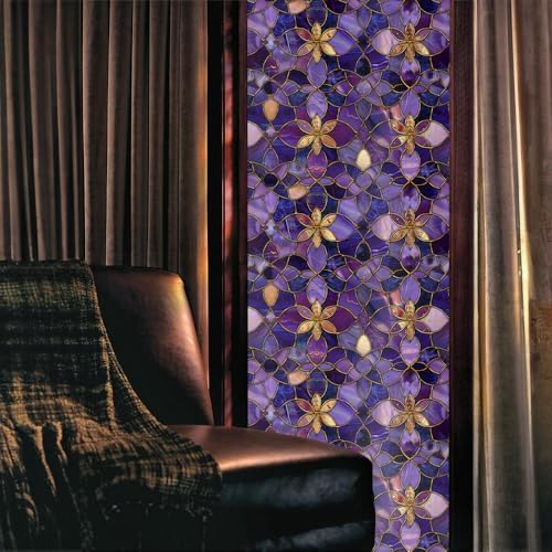 Purple Golden Yellow Flower Vintage Stained Glass Window Films Decorative Double-Side Privacy Film Self-Adhesive Static Glass Clings for Living Room Bathroom Decor - Image 2