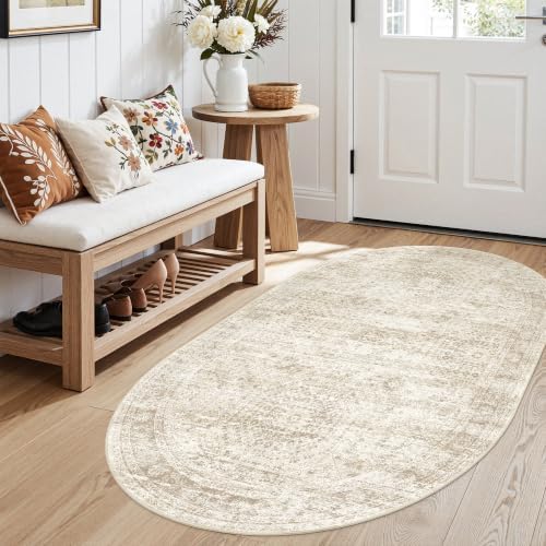 Soalmost Small Oval 3x5 Rug for Entryway Kitchen, Washable Area Rugs, Beige - Image 2