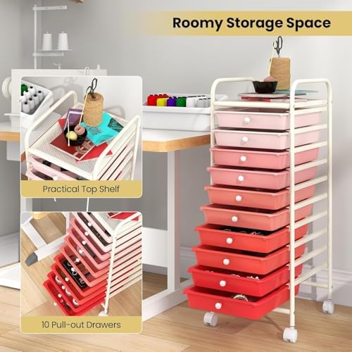 10-Drawer Rolling Storage Cart, Trolley w/Lockable 360° Wheels, 10 Removable PP Drawers, Sturdy Metal Frame, Rolling Utility Cart Perfect for Home, Office, Classroom (Mixed Pink) - Image 4
