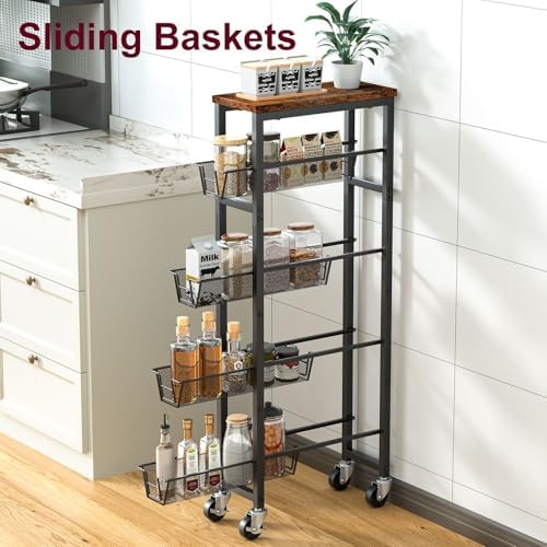 Honest Slim Storage Cart 4-Tier Slim Rolling Cart with Metal Frame and Wooden Top, 6.3 Inches, Storage Cart for Kitchen, Dining Room, Living Room, Bathroom, Home Office, Rustic Brown and Black - Image 4