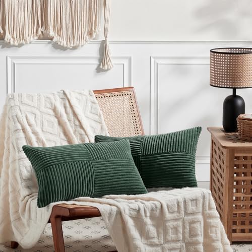 Fancy Homi Set of 2 Dark Green Lumbar Decorative Throw Pillow Covers 14x22 Inch for Living Room Couch Bed, Boho Farmhouse Forest Green Home Decor, Soft Corduroy Corss Patchwork Cushion Case - Image 6