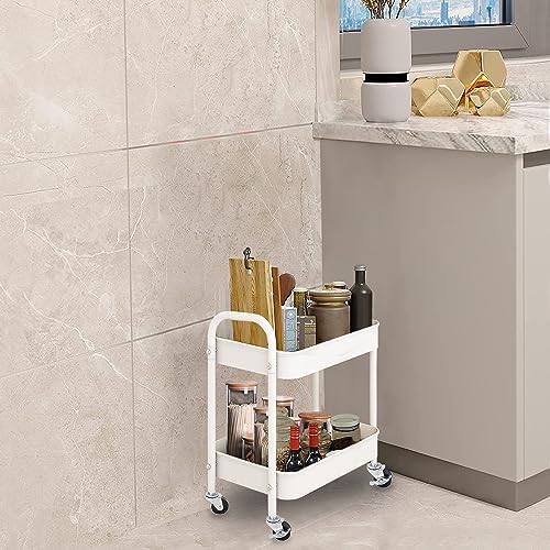 2 Tier All-Metal Rolling Cart, Rolling Storage Cart with Handle and Locking Wheels Kitchen Cart Laundry Office Bathroom Storage Organizer Cart, White - Image 3
