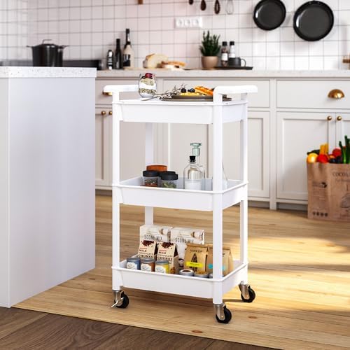 Steehoom 3-Tier Utility Rolling Cart with Cover Top Board, Mobile Utility Cart with Lockable Casters Multi-Functional Storage Trolley for Office, Bathroom, Kitchen, Garden, Laundry Room (White) - Image 5