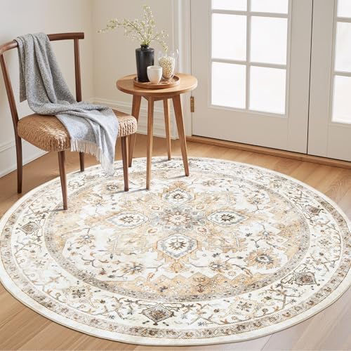 AMADA HOMEFURNISHING Round 4ft Area Rugs, Low-Profile Washable Rug with Non-Slip Backing & Durable Edge Binding, Vintage Rugs for Living Room, Bedroom, Dinning Room by AMADAHOMEFURNISHING