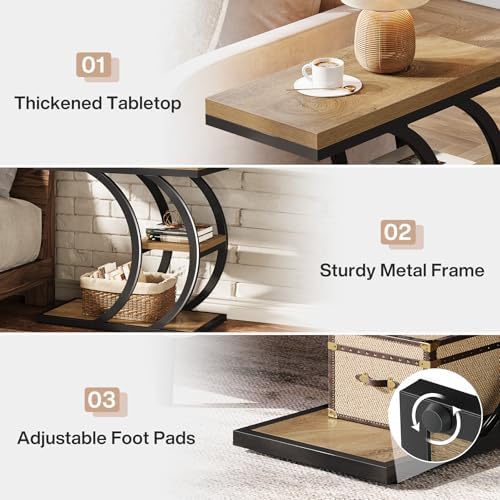 Tribesigns End Table Set of 2, 3-Tier Narrow Wood Couch C-Shaped Side Table with Storage, Industrial Nightstand for Bedroom, Small Spaces, Natural - Image 7