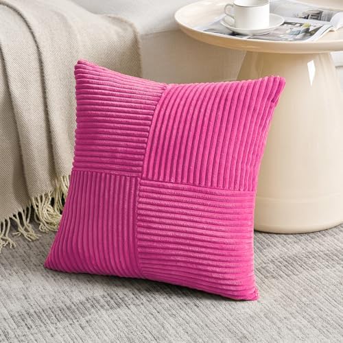 Fancy Homi 2 Packs Hot Pink Decorative Throw Pillow Covers 22x22 Inch for Living Room Couch Bed, Rustic Farmhouse Boho Home Decor, Soft Corss Corduroy Patchwork Accent Square Cushion Case 55x55 cm - Image 2
