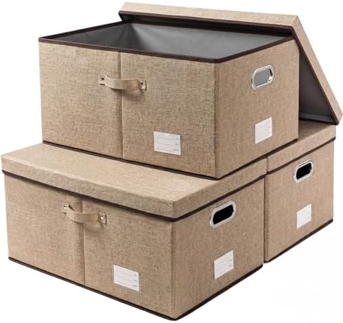 PRANDOM Storage Bins with Lids [3-Pack] Jute Fabric Foldable Storage Boxes Organizer Containers Baskets Cube with Cover for Home Bedroom Closet Office Nursery khaki（23.4X15.9X11.5 by Prandom