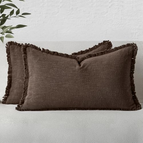 MIULEE Boho Linen Fringe Decorative Fall Pillow Covers Reddish Brown 12x20 by MIULEE