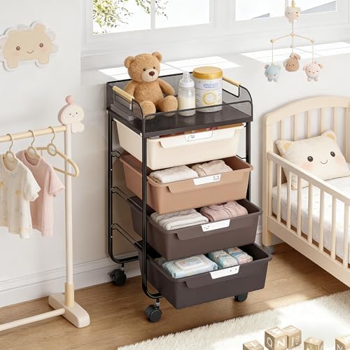 SYKIARIOL 4-Drawer Rolling Storage Cart with Mesh Top,Brown - Image 5