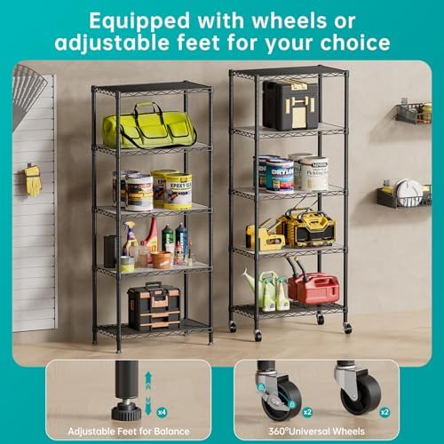 SINGAYE 5 Shelves Storage Wire Shelf Closet Metal Shelving Pantry Wheels - Image 4