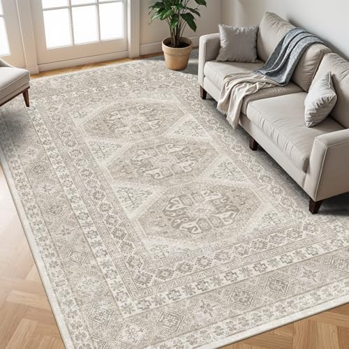 10x12 Area Rug Washable Vintage: Non Slip Living Room Large Rugs Beige - Image 2