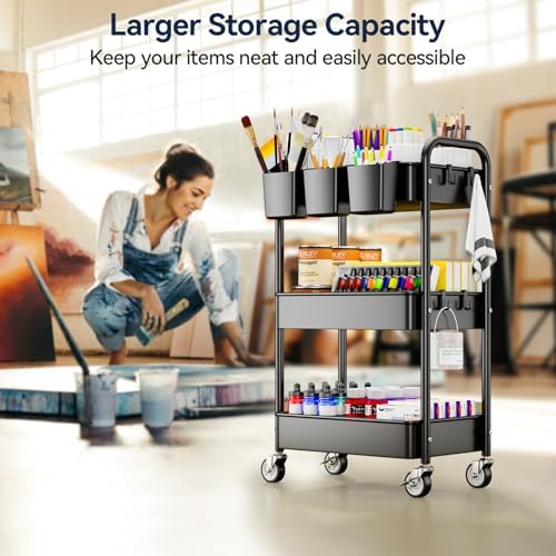 YASONIC 3 Tier Rolling Cart, Heavy Duty Metal Utility Cart with Wheel Black - Image 4