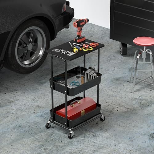 Simple Houseware 2-Tier Rolling Utility Cart Wood Top/Lockable Wheel, Black - Image 6
