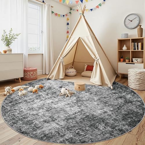 Aelenmu Round Rug 8ft Washable Rug for Dining Room Living Room Black Grey - Image 4