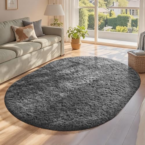 Ophanie 4x6 Oval Grey Rugs for Bedroom Living Room, Fluffy Fuzzy Furry Carpet, Plush Soft Shaggy Bedside Indoor Floor Area Rug for Girls Boys Teen Dorm Decor with Over 99 pcs Pile fibers by Ophanie