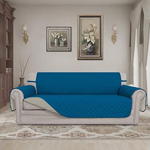 Easy-Going Reversible Couch Cover for 3 Cushion Couch Sofa Cover for Dogs Water Resistant Furniture Protector Cover with Foam Sticks Elastic Straps for Pet Cat (Sofa, PeacockBlue/Beige) - Image 2