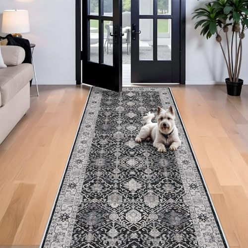 4x10 Washable Hallway Runner Rug: Oriental 10ft Extra Wide Ultra Soft Runners for Living Room Bedroom Stain Resistant Low Pile Carpet for Entryway Ktichen Thin Non Slip Bathroom Floor Mat(Black,4x10) - Image 2
