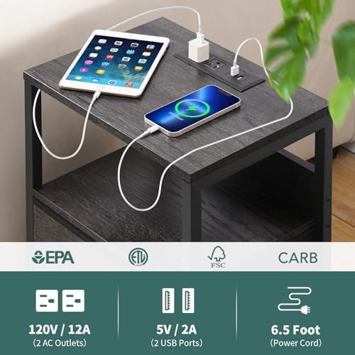 Yoobure Nightstand with Charging Station, Small Night Stand with Fabric Drawers and Storage Shelf for Bedrooms, Nightstands for Small Spaces, Bedside Table with USB Ports & Outlets, Bed Side Table - Image 5