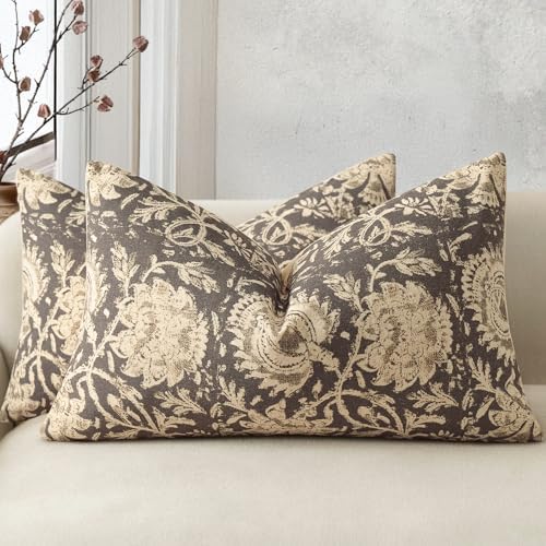 Vintage Floral Print Throw Pillow Covers 12x20 Set of 2 Neutral Modern Farmhouse Pillow Cases Accent Decorative Cushion Covers Boho Home Decor for Couch Sofa Chair Bed Living Room, Rustic Gray by DKwizme