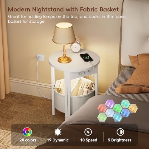 Vagusicc Round Side Table with Charging Station, Round End Table with Fabric Basket, Accent Table Coffee Table, Set of 2 Half Moon Tables, Bedside Table, Modern LED Nightstand for Living Room, White - Image 5