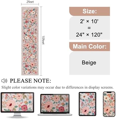 DUKINO 2x10 Runner Rug, Floral Washable Kitchen Runner Rug Non Slip, Beige - Image 2