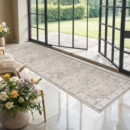 Hallway Washable Runner Rug - 3x10 Kitchen Rugs Entryway Rug Runner Vintage Soft Floor Mat Non Slip Indoor Farmhouse Carpet for Bathroom Living Room Bedroom (3 X 10, Beige) - Image 6