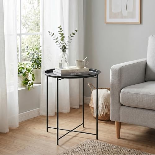 VECELO Side/End Table, Folding Round Metal Anti-Rust and Waterproof Outdoor or Indoor Tray for Living Room Bedroom Balcony and Office, 1 PCS, Black - Image 6