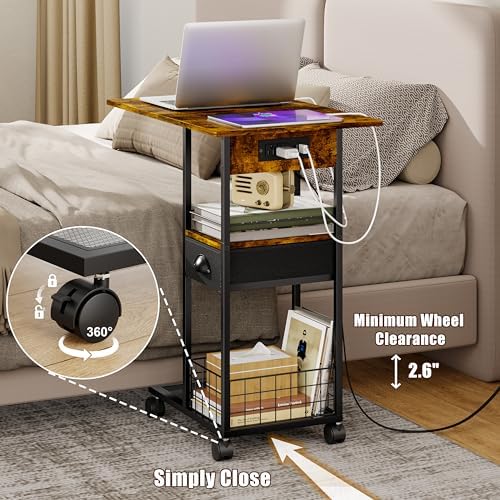 Rolling C-Shaped Side Table with Charging Station, Night Stand with Type-C & USB Port and Outlet for Bedroom, Spacious Coffee Table with Wheels for Living Room, Home Office, Small Space(Large Desktop) - Image 6