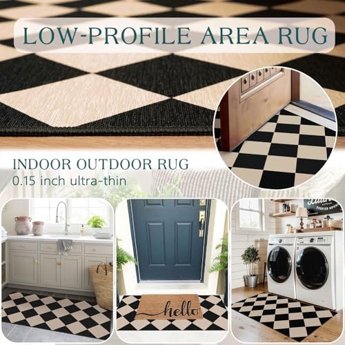 Front Door Mat Indoor Entrance - 2x4.3 Ft Black Tan Checkered Rug - Image 5