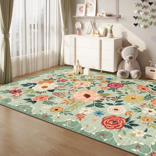 DUKINO 8x10 Area Rugs, Floral Washable Living Room Rug Non Slip, Green - Image 4