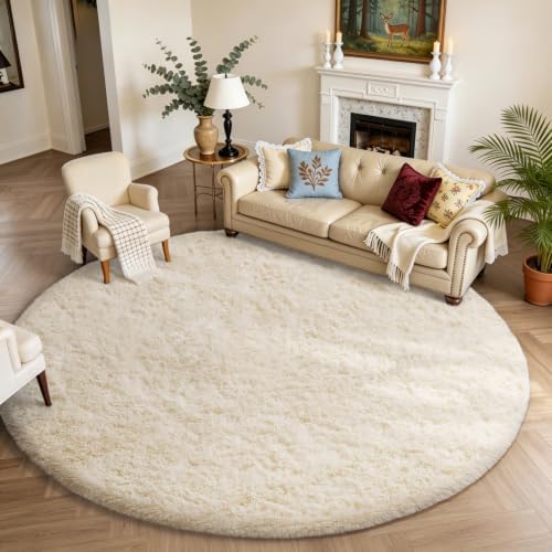 Ophanie Round Rugs 8Ft Ivory Circle Area Rug Washable, Large Living Room Aesthetic Decor, Fluffy Fuzzy Bedroom Big Carpet,Plush Soft Shaggy Cream for Kids Home Nursery with Over 99 pcs Pile fibers by Ophanie