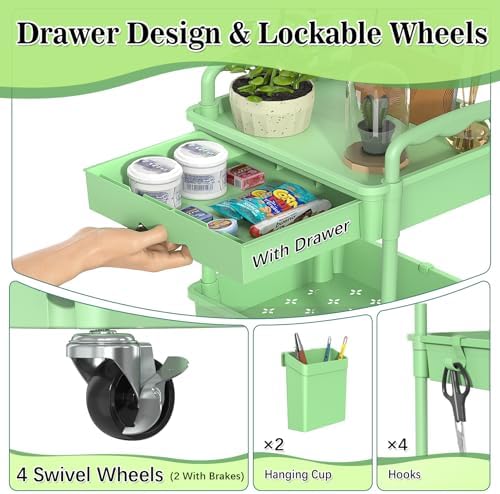 SUNALLY 4 Tier Rolling Cart with Drawer, Craft Storage Cart Organizer,Green - Image 3
