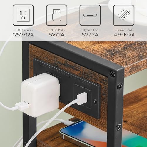 HOOBRO Small Narrow Side Table with Charging Station Set of 2, Skinny End Table for Small Spaces, Slim Nightstand with USB Ports Outlet, Sofa Beside Table with Storage Shelf BF102UBZP201 - Image 5