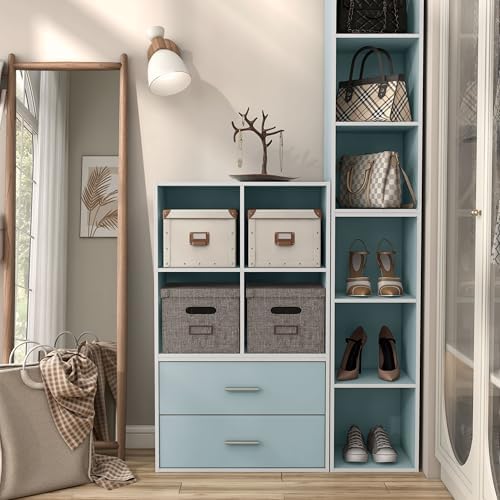Homes: Inside + Out Apexa 4-Cube Storage Organizer Shelves, Stackable Wood Bookcase Fits Cubby Bins for Organization, Dorm Teen Room Decor & Home Office, Light Blue - Image 2