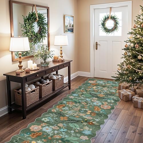 Washable 3x10 Hallway Runner Rug: Floral Scalloped Soft Runners for Entryway Kitchen Nursery Non Slip Bathroom Floor Mat Water Resistant Light Weight Carpet for Living Room Bedroom (3x10 Floral/Green) - Image 2