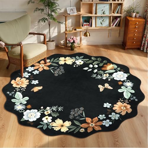 Lahome Floral Washable Round Area Rug, Soft Round Rugs 6ft Ultra-Thin Black by Lahome