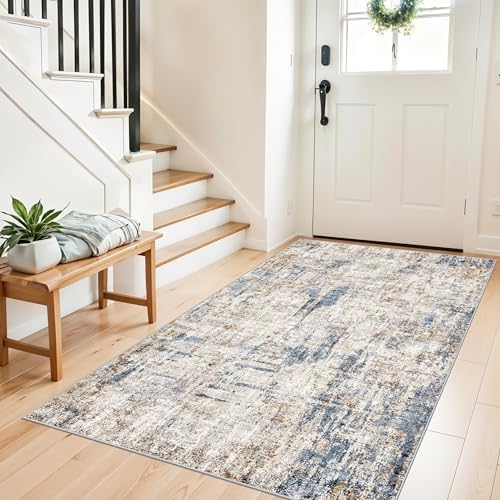 4x6 Washable Entryway Rug – Non-Slip Low-Pile Small Area Rug for Kitchen Bedroom Living Room Office – Modern Abstract Neutral Throw Carpet with Rubber Backing(Blue Brown) by ZHXXUJ
