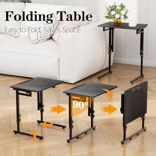 Adjustable Height Tv Tray Table,Portable Folding Tv Tray Dinner Snack Trays Table,Small Foldable C-Shaped End Table for Eating,Slide Under Couch Side with Sturdy MDF Top,No Assembly(Black+Black) - Image 4