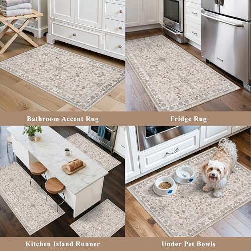 3-Piece Kitchen Rug Set of 3 with Runner – Non-Slip Washable Boho Kitchen Mats for Sink, Floor, Entryway & Hallway & Bathroom – Soft Small Throw Area Rugs, Home Decor (Beige,2x3+2x4+2x5) - Image 4