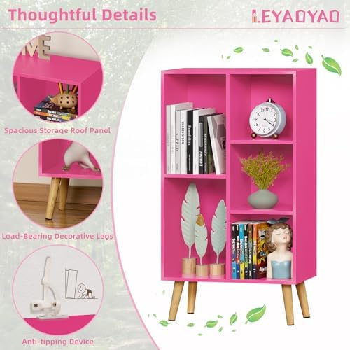 LEYAOYAO 5 Cube Bookshelf, Mid-Century Modern Book Shelf with Legs, Pink - Image 6