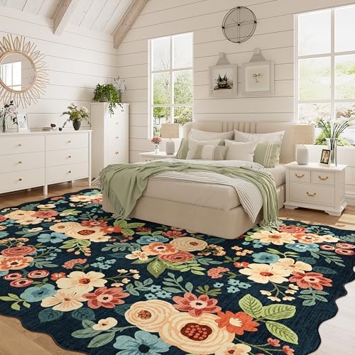 DUKINO 8x10 Area Rug for Living Room, Soft Floral Washable Rug, Navy Blue - Image 3