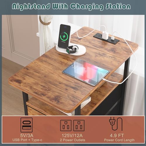 sthmec End Table with Charging Station,LED Side Tables with USB Ports and Outlets,Narrow Nightstands Bedside Tables with 3 Fabric Drawers for Small Space,Slim Sofa Table for Livingroom, Rustic Brown - Image 4