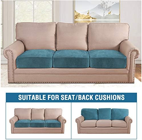 H.VERSAILTEX Velvet Stretch Couch Cushion Cover Plush Cushion Slipcover for Chair Loveseat Sofa Cushion Furniture Protector Seat Cushion Sofa Cover (3 Piece Sofa Cushion Covers, Peacock Blue) - Image 3