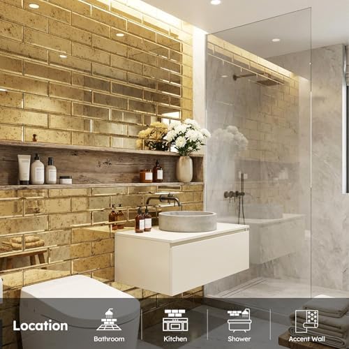 Diflart Peel and Stick Beveled Mirror Tile, Light Antique with Gold, 4x12 Inch, Mirror Backsplash for Kitchen Bar Bathroom Wall Tile (5 Sq.ft, 15 Pcs) - Image 5