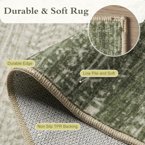 3 x 5 Rug Small Non Slip Machine Washable Rug Distressed Abstract Soft Indoor Carpet Neutral Boho Rug for Bedroom Living Room Entryway Kitchen Bedside, Green - Image 5