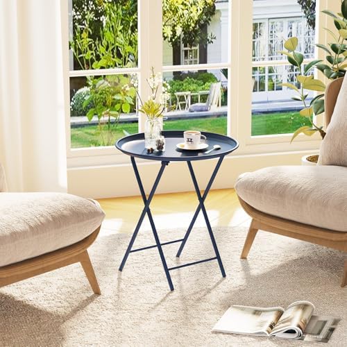 Garden 4 you Folding TV Tray Table, Metal Round Side Table, Blue Dinner Table with Metal Frame, Modern Outdoor Tray Table for Living Room, Bedroom, Patio & Small Spaces, 2 Packs - Image 6