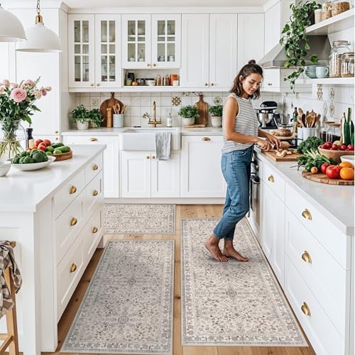 3-Piece Kitchen Rug Set of 3 with Runner – Non-Slip Washable Boho Kitchen Mats for Sink, Floor, Entryway & Hallway & Bathroom – Soft Small Throw Area Rugs, Home Decor (Beige,2x3+2x4+2x5) - Image 3