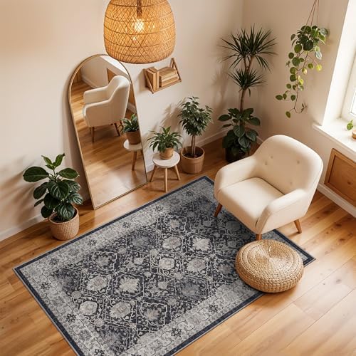 Washable 3x4 Entryway Area Rugs: Ultra Soft Low Pile Carpet for Kitchen Nursery Indoor Light-Weight Doormat Anti-Slip Thin Entry Rug for Living Room Bedroom Small Vintage Floor Mat(3x4,Black) - Image 2