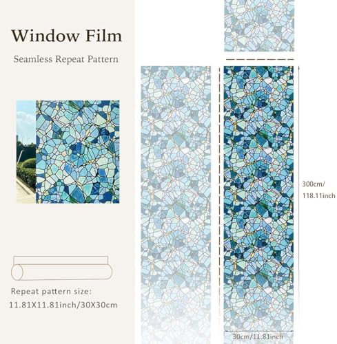 funlife Original Hand-Drawn Privacy Stained Glass Window Film, Reusable Single Sided Static Cling Glass Covers Suitable for Entryway, Decor for Bathroom Glass Window, 11.8"x118", Blue Cobblestones - Image 3